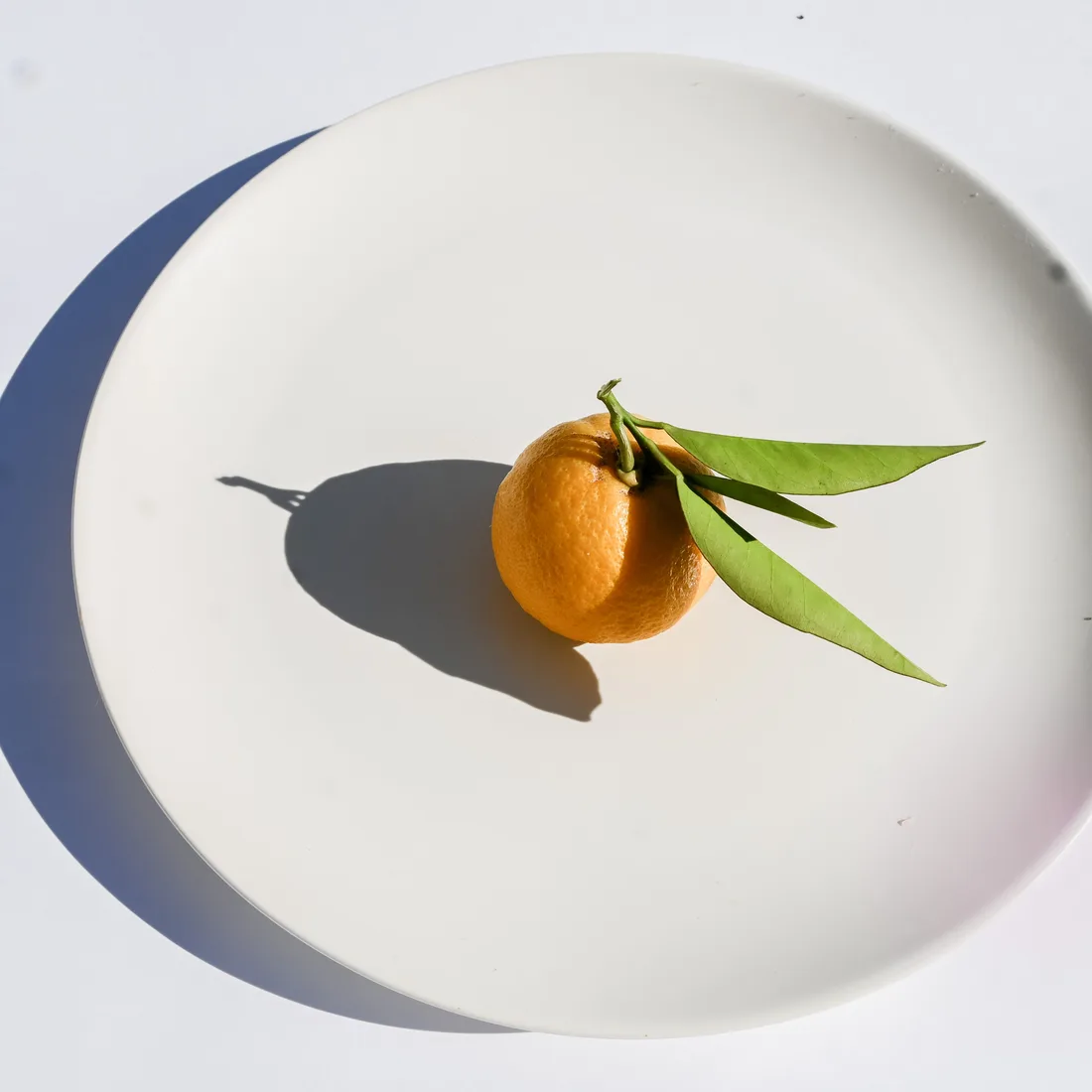 A whole clementine with leaves resting on a white plate in hard sunlight